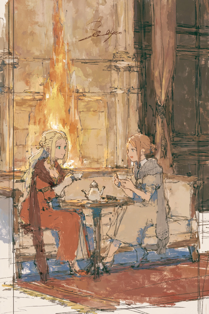 Viola and Rose, in quiet conversation over tea at the Shade manor.