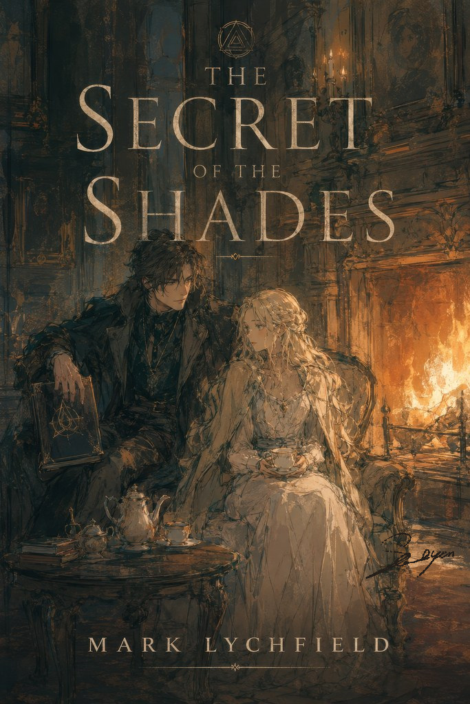 A lit fireplace, a tea service, and a book that should not be in that room.